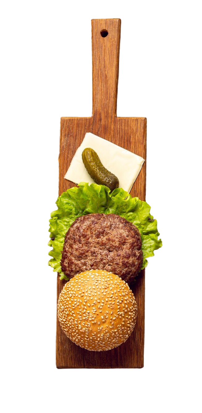 top view burger ingredients wooden table 1